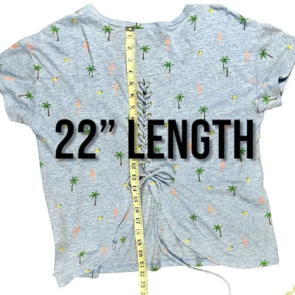 Miss Me Tropical Palm Flamingo Lace-Up Back Tee Gray Blue Medium - Picture 7 of 9